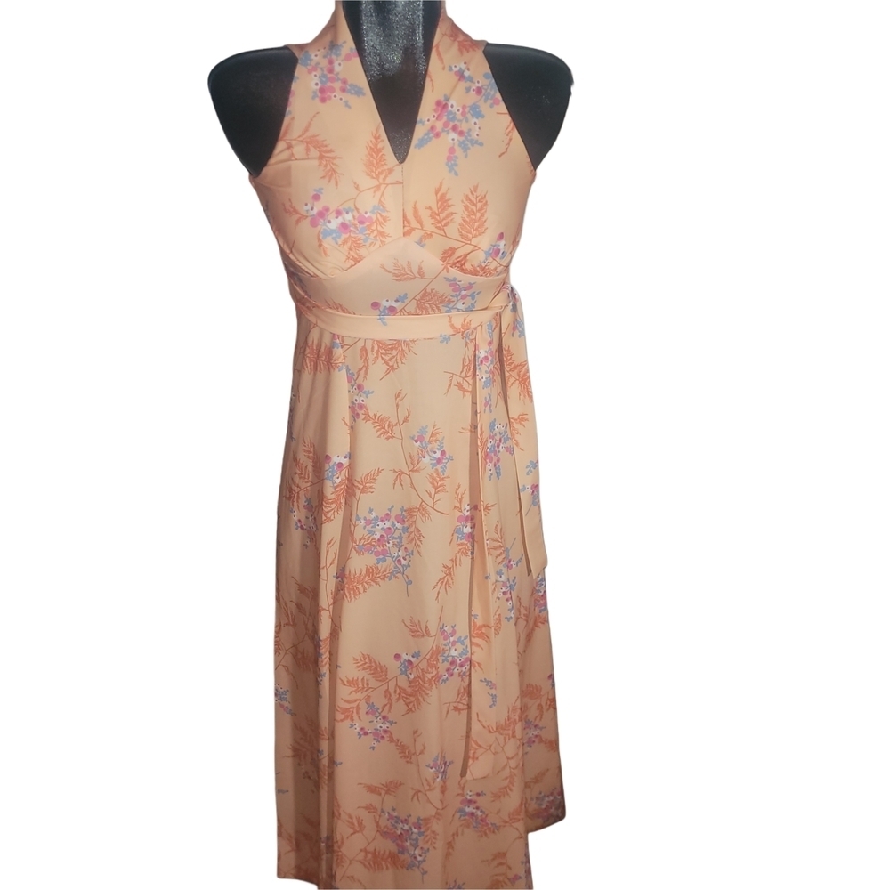 Vintage 70's Floral Halter Neck Dress in Peach With Attached Belt